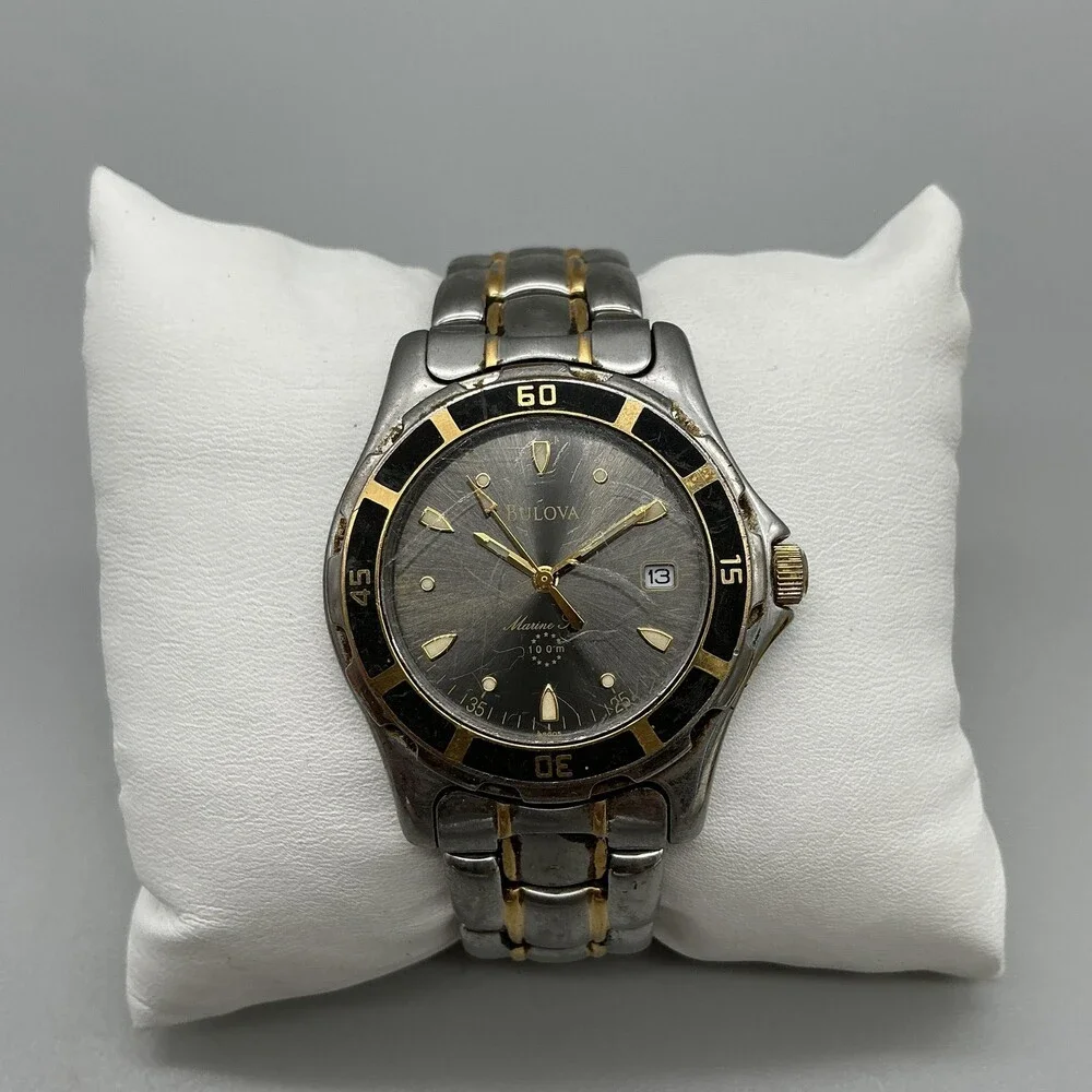 Bulova Marine Star 100m Mens Watch 37mm Gray Dial Two Tone Date For Parts 7.25